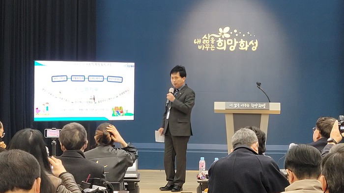 화성시(시장 정명근)는 16일 시청5층 대강당에서 시정브리핑을 열고 출산지원금 및 효도수당의 확대 지원을 통해 저출산에 따른 인구감소와 노인인구 증가에 따른 부양 문제 해결을 위해 노력하고 있다고 밝혔다.(정구선 시민복지국장이 브리핑을 하고 있다.)