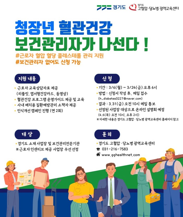 경기도가 올해 550개 사업장 노동자를 대상으로 ‘혈관 건강 프로그램 시범운영’ 사업을 진행하기로 하고 3월 24일까지 참여 사업장을 모집한다.