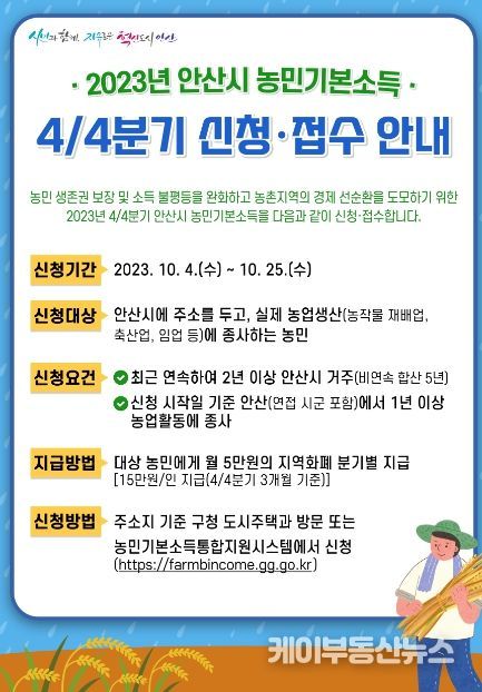 안산시, 농민기본소득 지급 개시… 4분기 15만원 지원