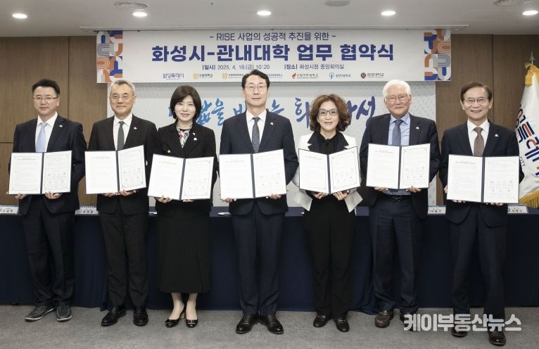 정명근 화성특례시장과 관내 6개 대학 (부)총장들이 18일 시청 중앙회의실에서 RISE 사업의 성공적 추진을 위한 업무협약을 체결하고 기념촬영 하고 있다.(왼쪽부터 오길영 화성의과학대 부총장, 우창훈 수원과학대 총장, 임경숙 수원대 총장, 정명근 화성특례시장, 이난경 수원여대 총장, 이종진 장안대 총장, 서명수 협성대 총장)
