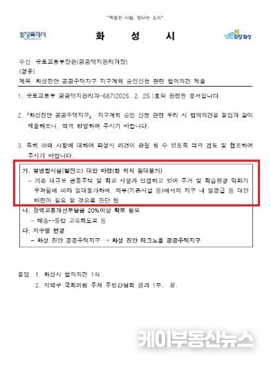 국토교통부에 제출한 화성진안공공주택지구 지구계획 승인신청 관련 협의의견 제출 공문
