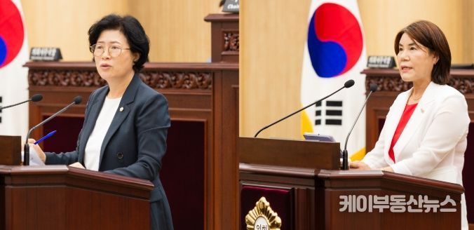 안산시의회가 10일 제298회 임시회 제2차 본회의를 개최해 시정질문과 5분 자유발언을 실시했다. 사진 왼쪽이 이날 시정질문을 실시한 박은경 의원, 오른쪽은 5분 자유발언을 진행한 김유숙 의원의 모습.
