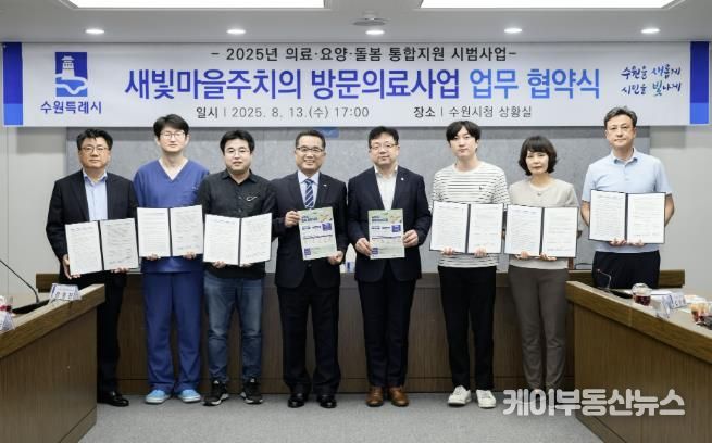 수요자에 맞는 지원책을 통합적으로 제공하는 통합지원 시범사업을 위해 업무협약을 진행한 뒤 관계자들이 기념촬영을 하고 있다.