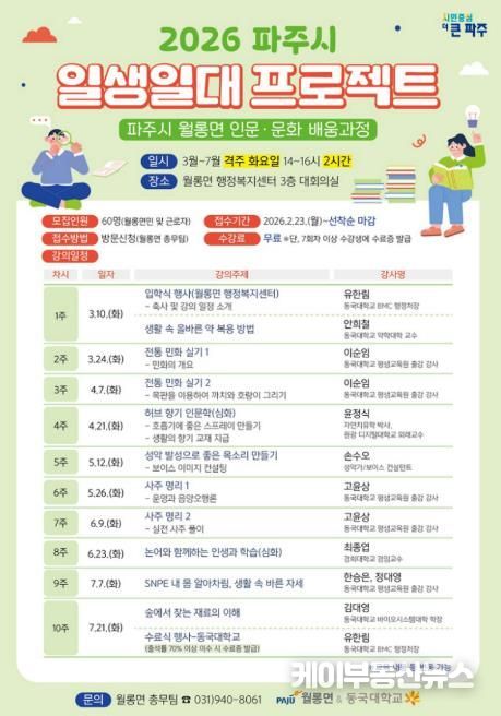 파주시 월롱면-동국대학교, ‘인문·문화 배움과정’ 수강생 모집